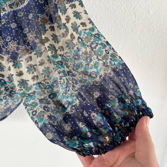 Boho Ditsy Floral Relaxed Plus 1X Patch Pattern Top Cottagecore Sheer Tie Neck - Picture 4 of 10